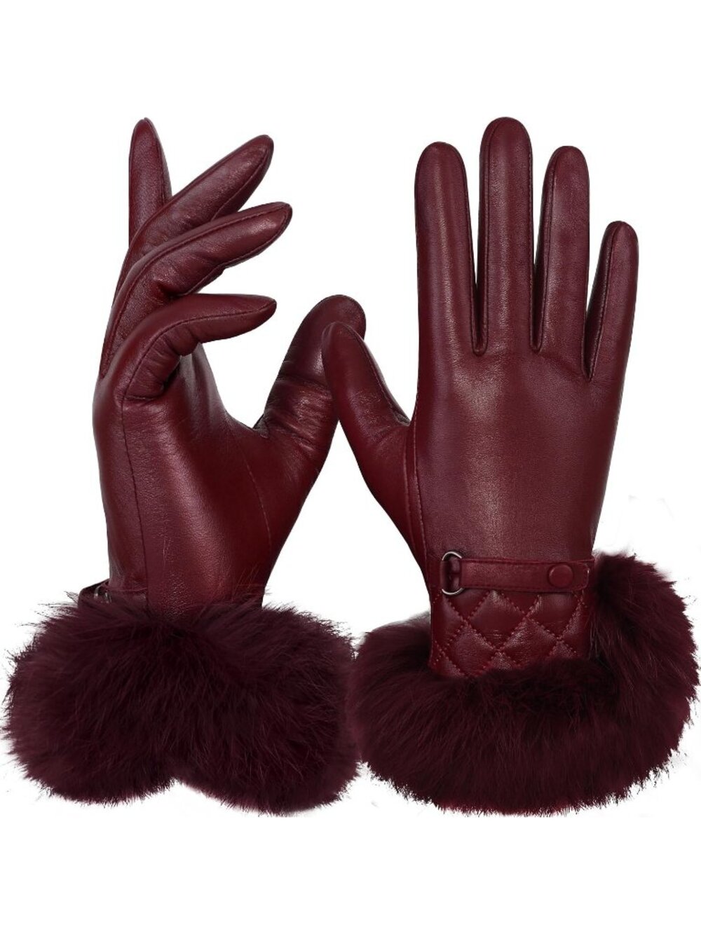Women Burgundy Fur Trim Touchscreen Winter Rabbit Trim Winter Leather Gloves